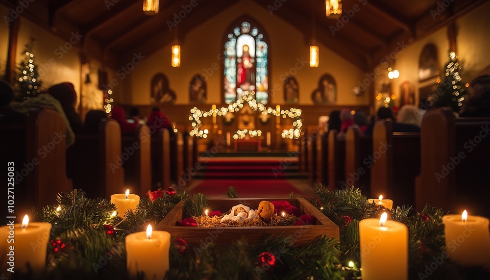 Poster A nativity scene with candles in the foreground and a church interior in the background.