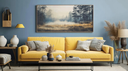 Contemporary Haven: Yellow Sofa and Artistic Wall Accents in a Serene Foggy Forest Setting