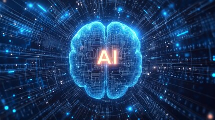 Fototapeta premium Neural pathways and data connections glowing in a futuristic AI brain visualization
