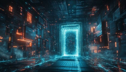 A glowing blue portal in a futuristic digital space.