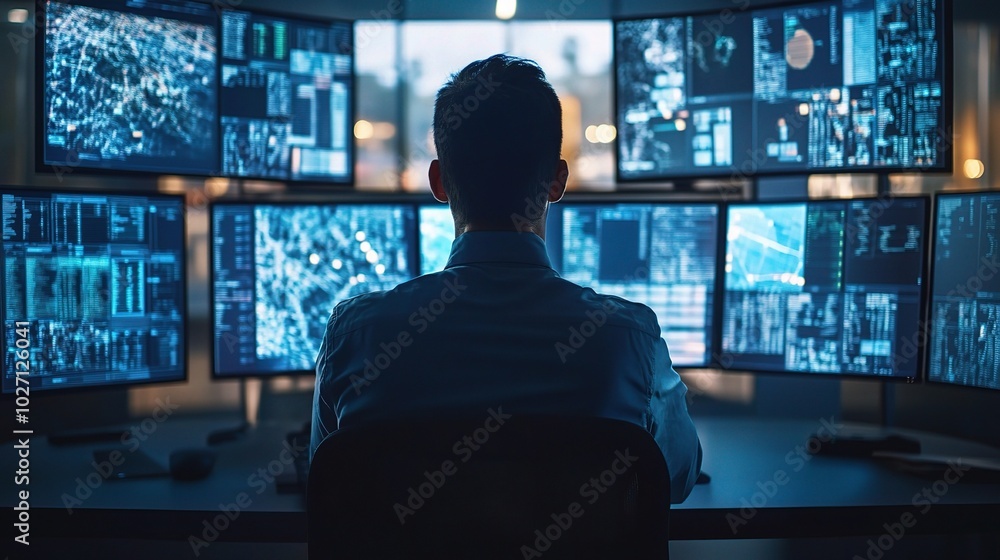 Poster data analyst at work with multiple digital displays