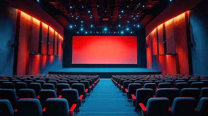 Obraz premium Row of seats and wide format mock up blank screen with stage, Cinema stage screen Mockup, Ai