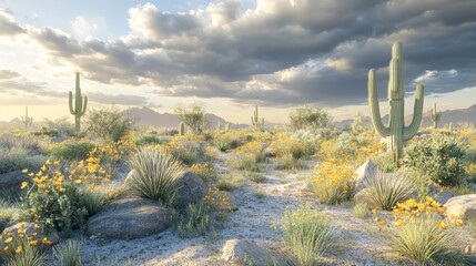 Saguaro Cactus and Yellow Wildflowers in a Desert Landscape
