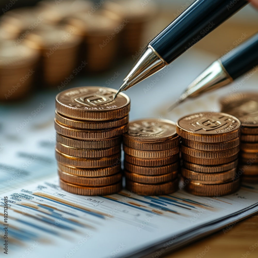 Sticker A pencil points to a stack of coins, representing financial growth, on a financial chart.