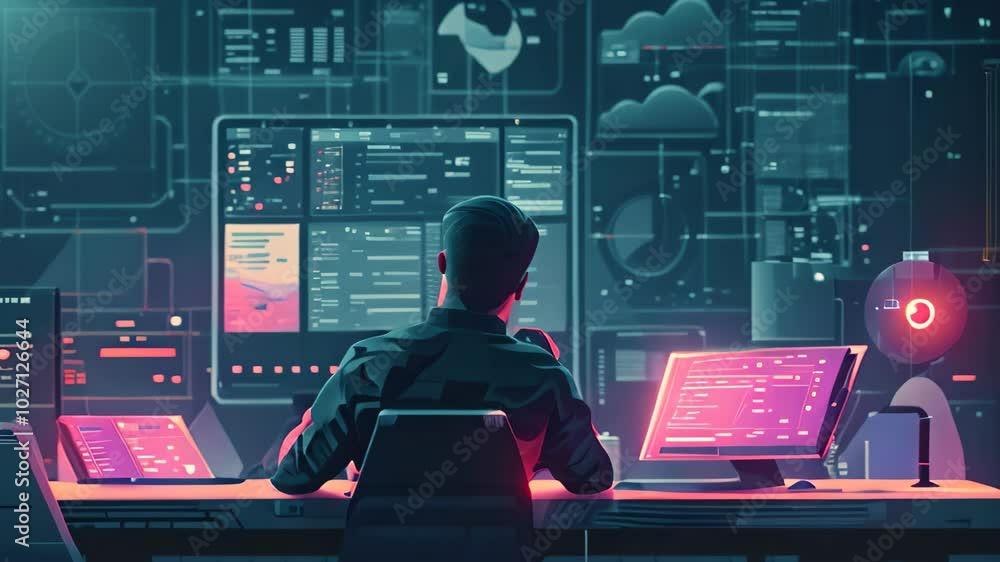 Poster a cybersecurity professional monitors data integrity and authenticity, illustrate the idea of data i