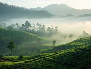 Obraz premium Misty Sunrise Over Lush Green Tea Plantation Hills