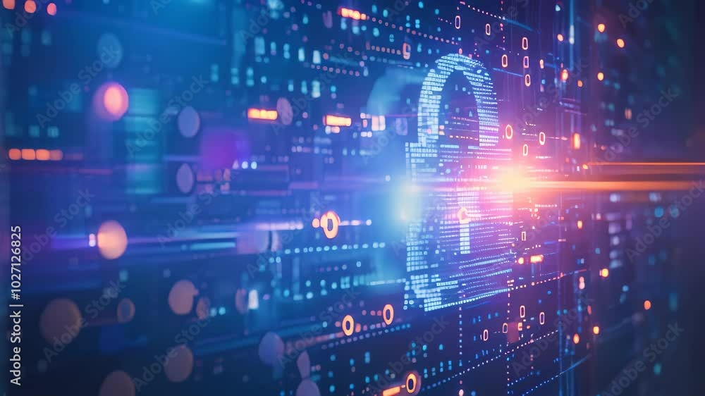 Poster a digital padlock symbol composed of glowing blue binary code on a backdrop of flowing digital data,