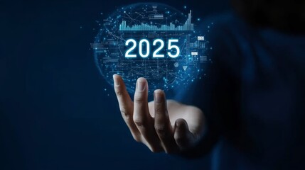 Naklejka premium New Year projection: A futuristic hologram of 2025 floating above an open palm, representing a vision of the future and innovation