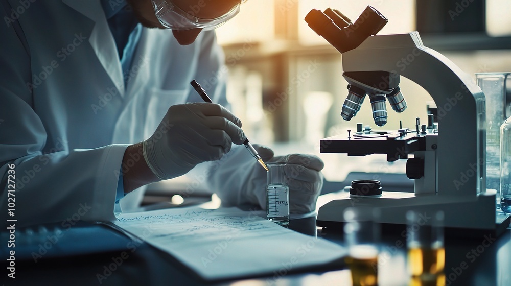 Poster scientist conducting experiments with microscope