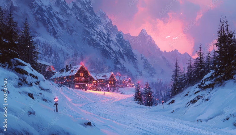 Sticker A picturesque snowy mountain village with charming cabins illuminated at dusk, nestled against a backdrop of towering snow-capped peaks and a vibrant pink sunset.