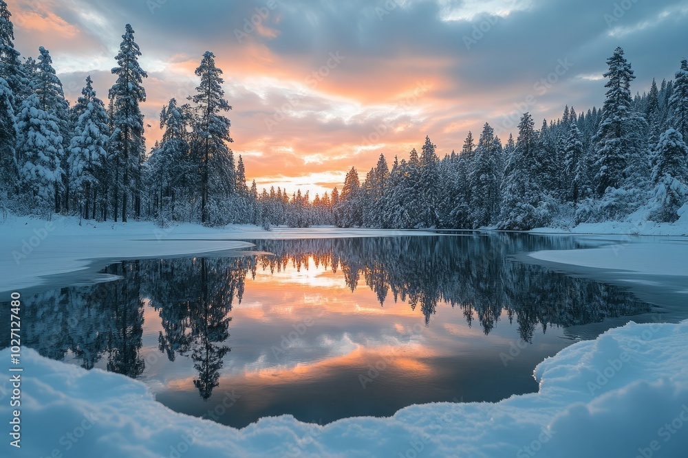 Poster A picturesque winter scene with a frozen lake reflecting a stunning sunset in a snowy forest.