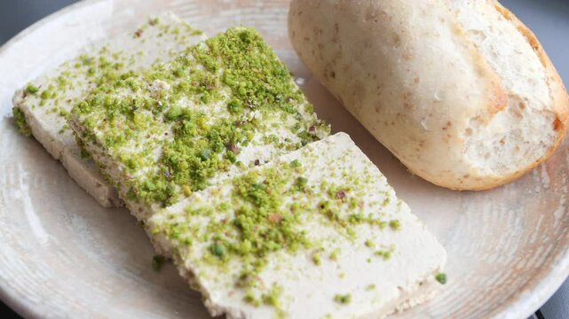 Sliced Pistachio Halvah with Fresh Bread on Rustic Plate