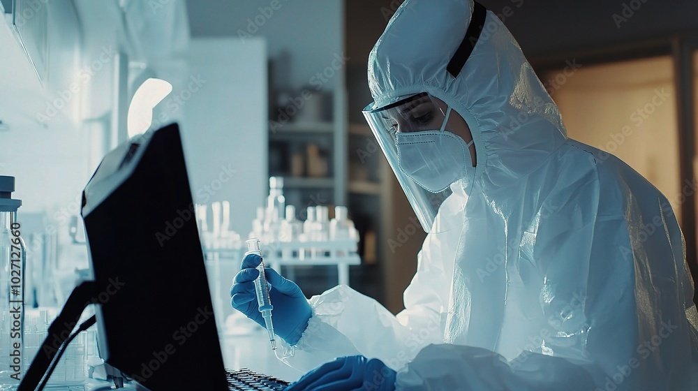Aufkleber scientist in lab working with samples and technology