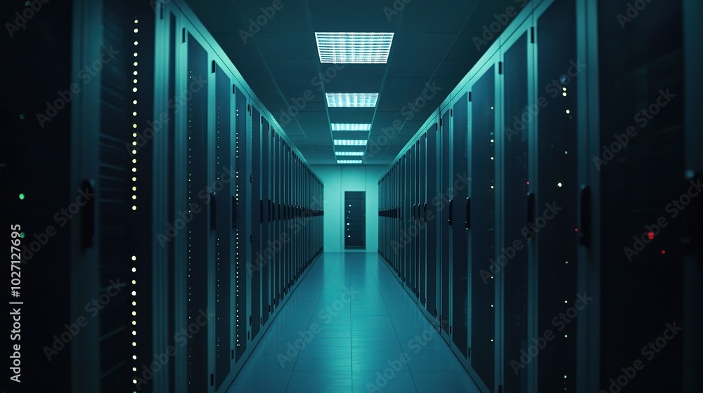 Poster illuminated data center with server racks in cool tones