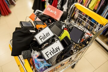 Shopping Cart Overflow: A shopping cart filled with electronics, toys, and clothes, all with large "Black Friday Sale" tags attached