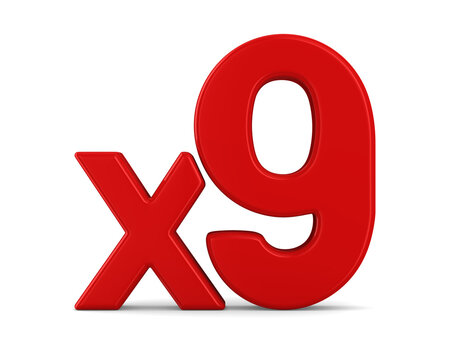 Red x9 symbol on white background. Isolated 3d illustration