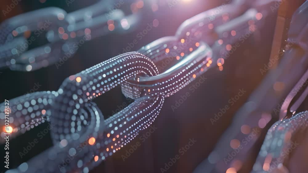 Poster abstract video of glowing digital chain symbolizing blockchain technology in finance, illustrating t