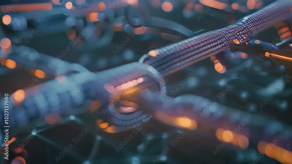 Poster a close-up video shows interconnected blockchain technology, with a chain made of digital links and 