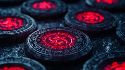 Detailed black rune chips are illuminated by a vibrant red light highlighting intricate protective symbols against a textured dark background creating an enchanting ambiance.