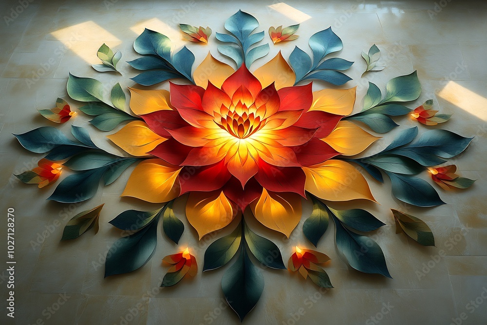 Poster minimalistic indian rangoli artwork using layered paper graphics featuring bright yellows reds and g