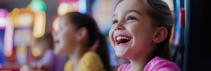Children brightly smiling while playing arcade games, expressing joy and excitement in a lively amusement center, fostering social interactions and fun.