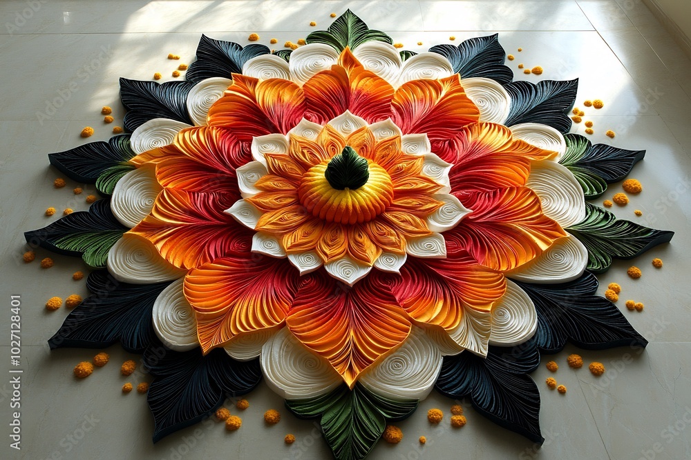 Poster minimalistic indian rangoli artwork using layered paper graphics featuring bright yellows reds and g