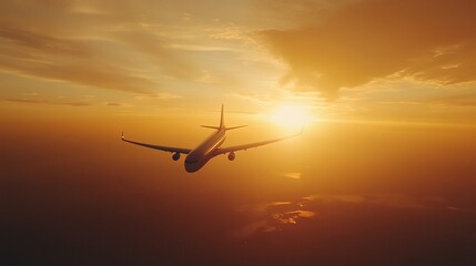 Obraz premium Airplane Flying at Sunset Over Scenic Landscape