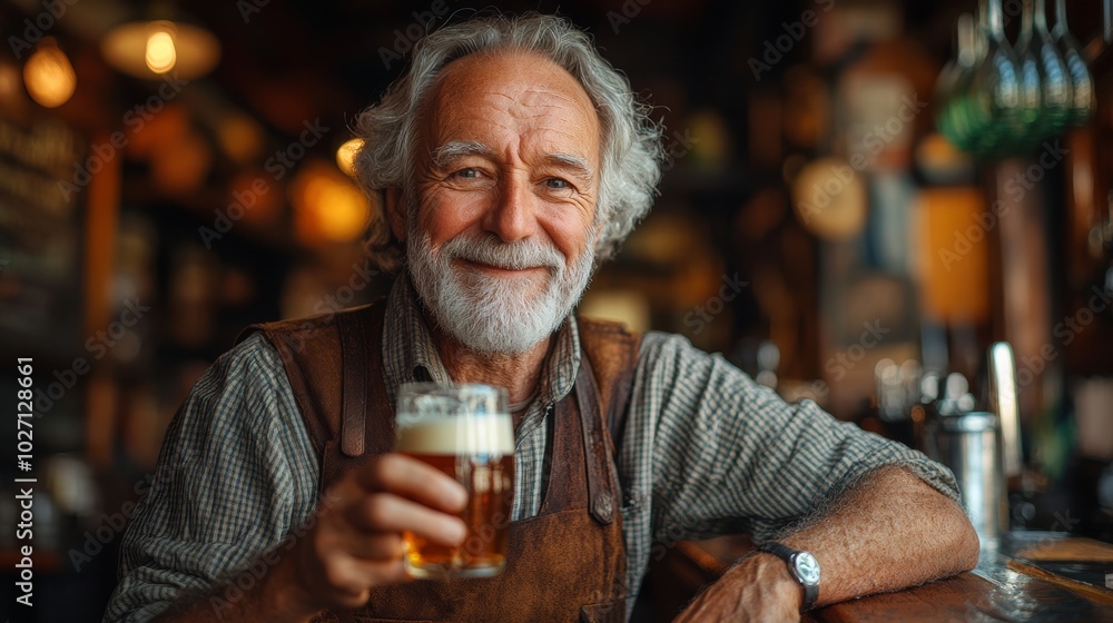 Poster man with a beard and mustache is sitting at a bar with a glass of beer. he is smiling and he is enjo