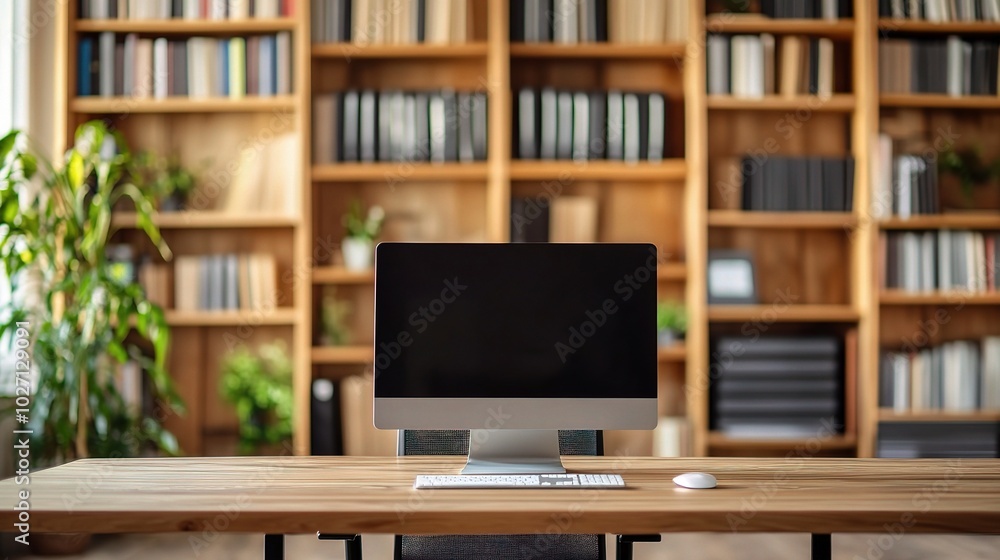 Poster Modern Workspace with Computer and Bookshelf