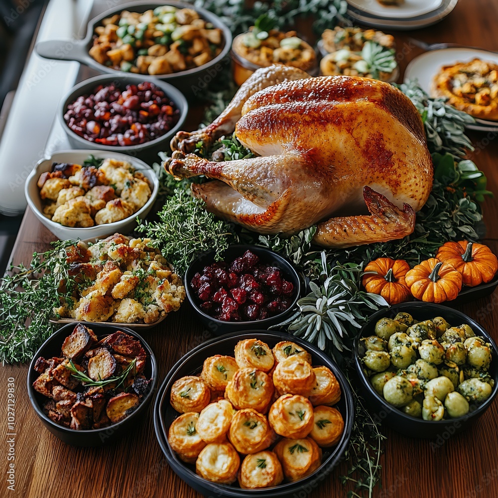 Canvas Prints A roasted turkey with a spread of side dishes for Thanksgiving dinner on a wooden table.