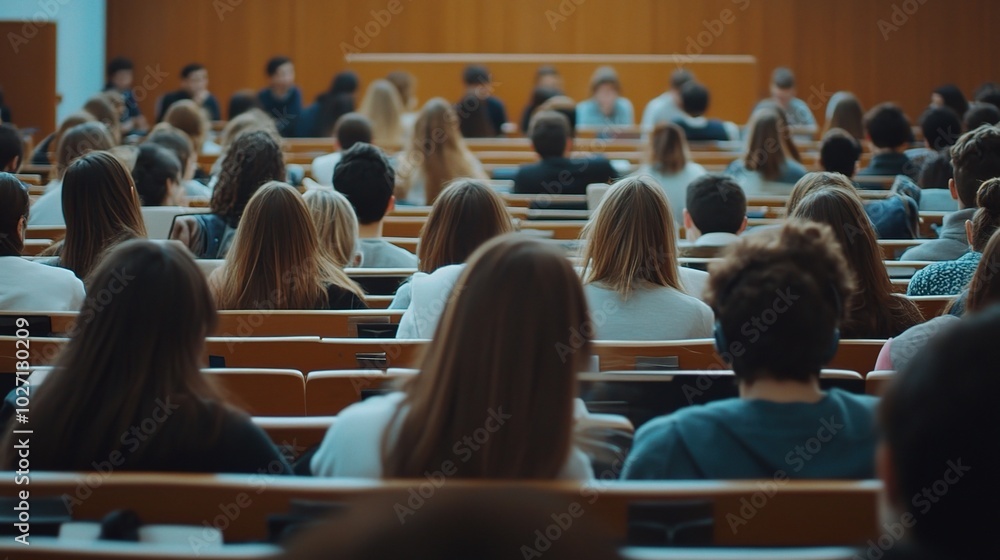 Poster attendees at a lecture in an academic setting