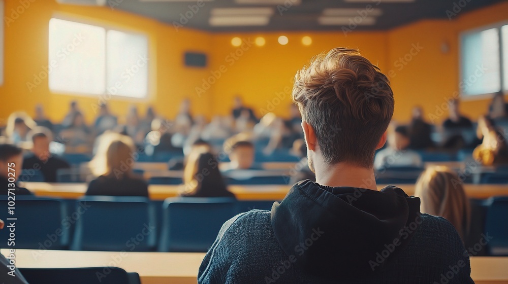 Poster student attending lecture in modern classroom setting