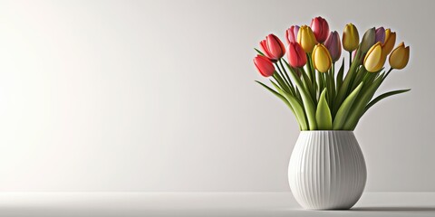 A delightful bunch of multicolored tulips in a simple white vase, highlighted against a white background
