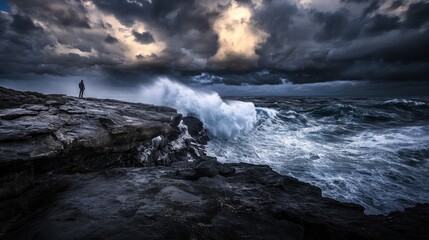 Obraz premium A lone figure stands on rocky terrain, facing turbulent waves beneath a dramatic sky filled with dark clouds and a hint of sunlight breaking through.