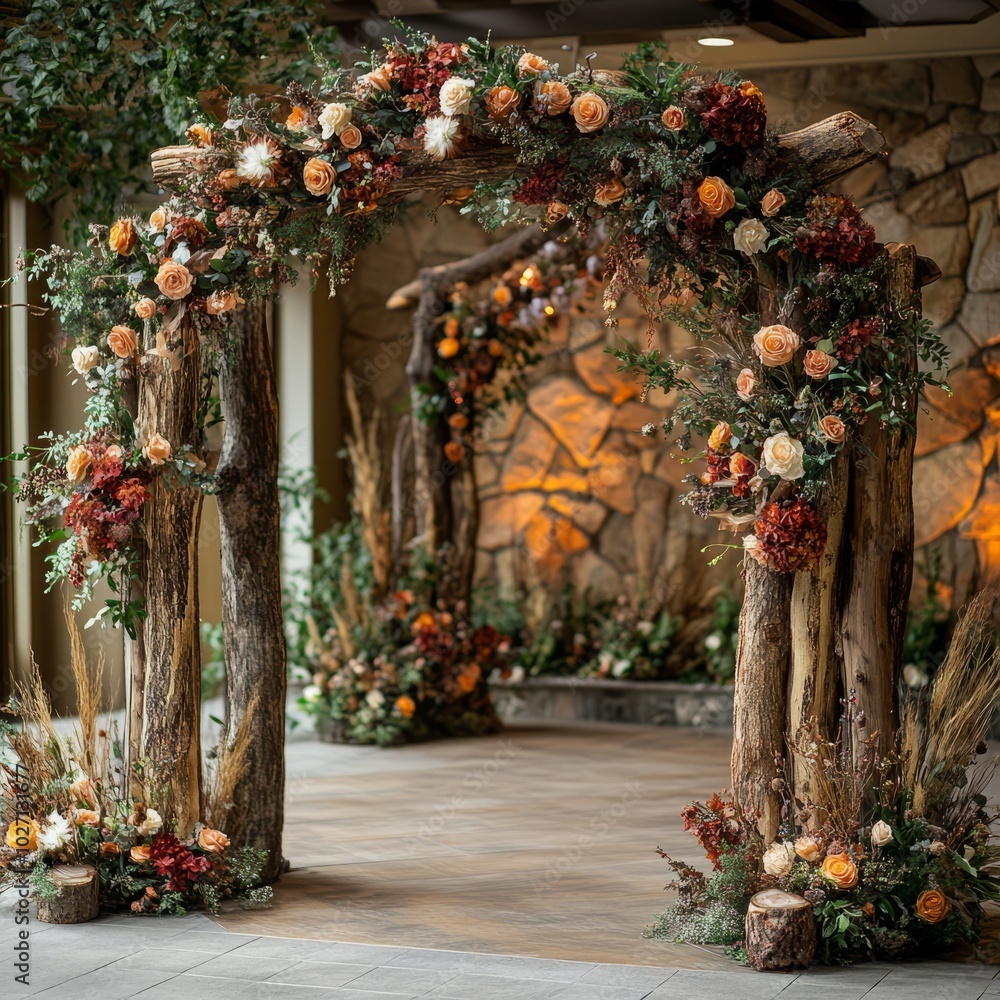 Poster A rustic wooden archway decorated with fall foliage and flowers.