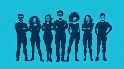 Silhouettes of seven smiling individuals standing together