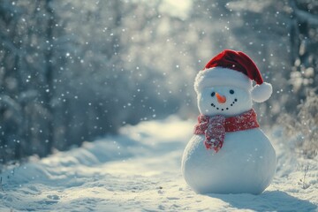Obraz premium Snowman, winter, holiday, Christmas, snow, snowy background, red scarf, festive atmosphere, seasonal decor A charming snowman stands on a snowy path, wearing a red hat and scarf