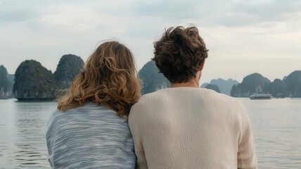 Couple taking a scenic boat ride through Ha Long Bay in Vietnam, with limestone karsts towering above the water   Ha Long Bay, boat ride, scenic travel
