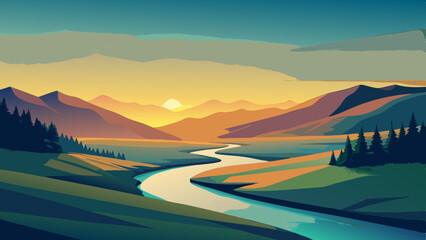 Landscape with mountains and winding river vector illustration 