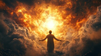 A man is standing in the middle of a fiery explosion, surrounded by clouds