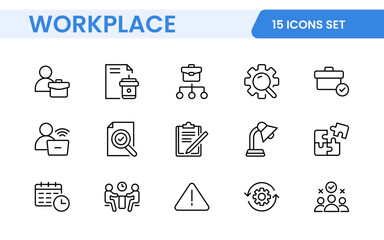 Workplace web icons in line style. Employ, conference, project, document, business, work, support, contact us, productivity strategy, collection.