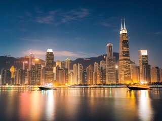 Obraz premium a nighttime city skyline with tall skyscrapers. T