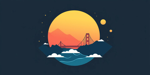 Obraz premium Golden Gate Bridge, San Francisco. Vector illustration of a bridge. Landscape of modern bridge. flat background. into, logo. representation of an iconic image of USA. United States