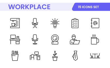 Workplace web icons in line style. Employ, conference, project, document, business, work, support, contact us, productivity strategy, collection.