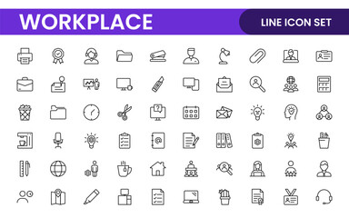 Workplace web icons in line style. Employ, conference, project, document, business, work, support, contact us, productivity strategy, collection.