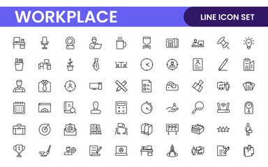 Workplace web icons in line style. Employ, conference, project, document, business, work, support, contact us, productivity strategy, collection.