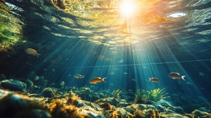 Fototapeta premium Sunbeams illuminate the underwater world, casting long shadows on the rocky seabed and illuminating a school of fish.
