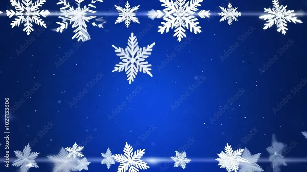 Poster abstract blue background with snowflakes in the corners, with a soft glow on the edges of the image.