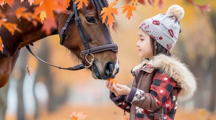 Joyful Autumn Equitation: Smiling girl feeding carrots to horse in riding boots and jacket among fallen leaves