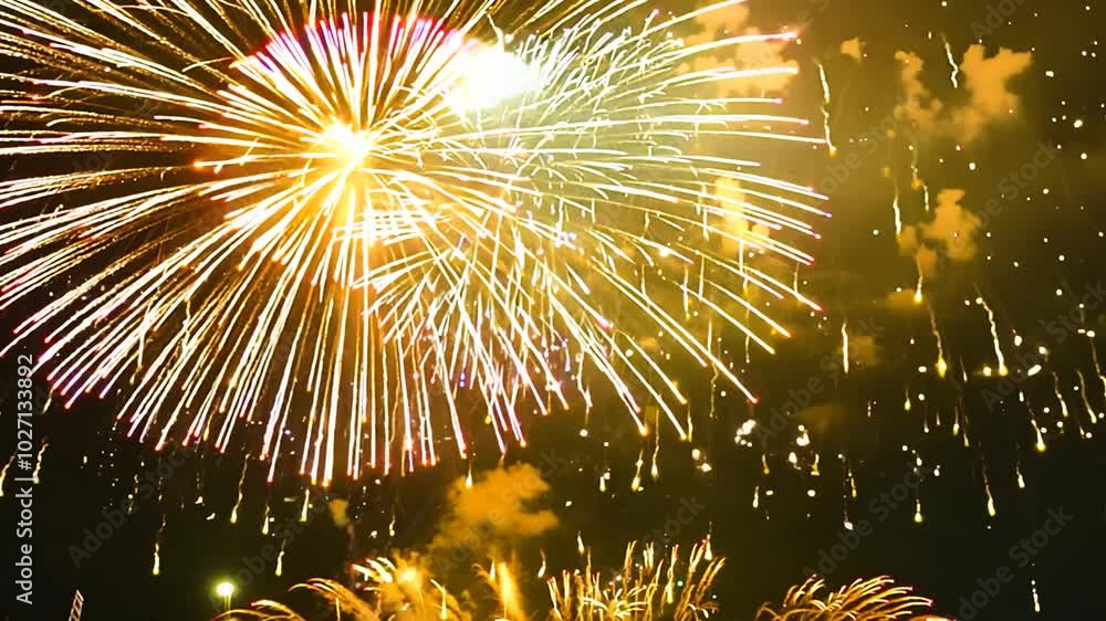 Poster abstract blurred view of bright yellow fireworks exploding in the night sky with light trails.